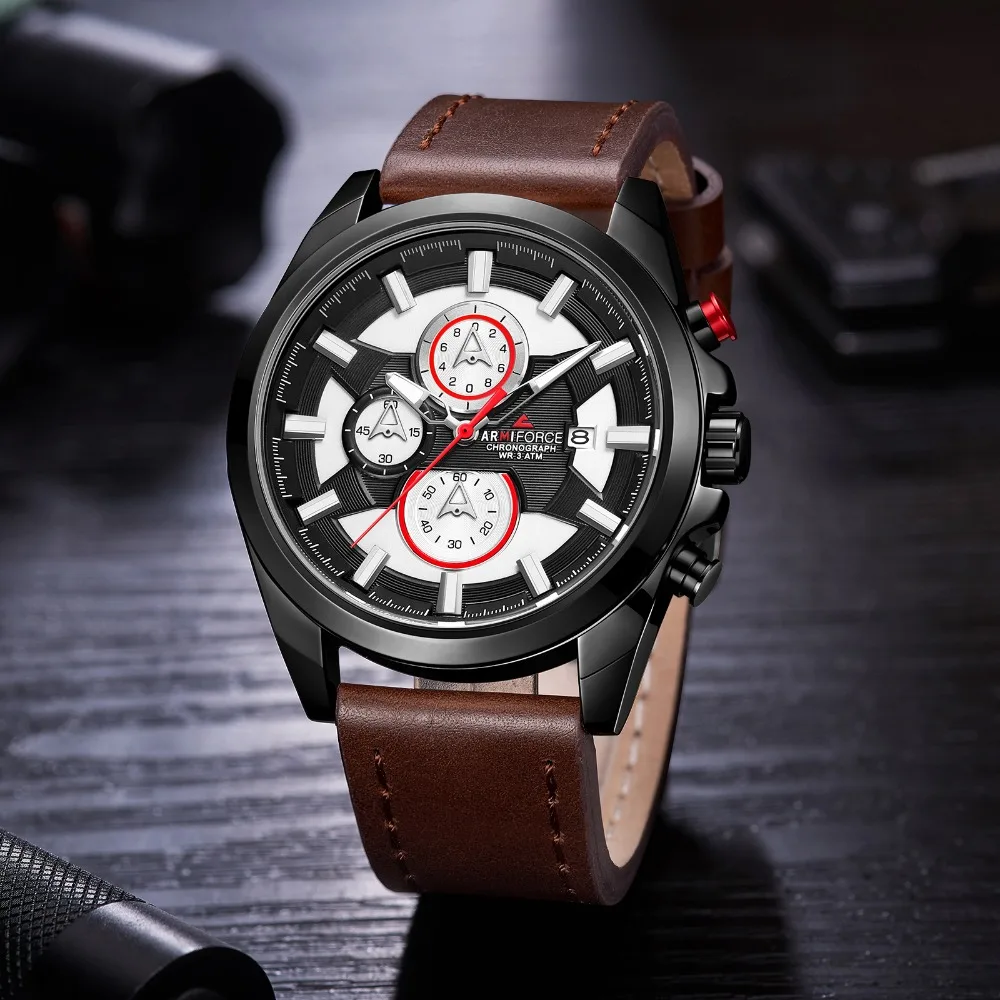 

ARMIFORCE Military Men's Chronograph Analog Quartz Watch Auto Date Luminous Hands Waterproof Leather Clock Wristwatches for Man