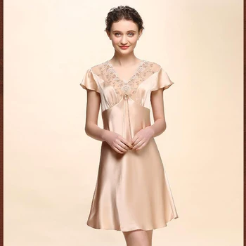 

CEARPION Sexy Women V-neck Nightdress Silk Lace Trim Short Sleeve Sleepwear Casual Daily Female Home Dress Soft Mini Night Gown