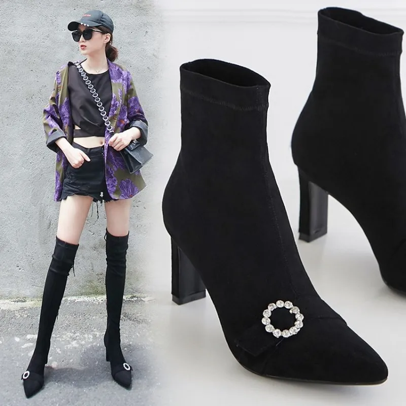 

US4-11 Womens Pointed Toe Belt Buckle Rhinestones Crystal Chunky High Heel Ankle&Over Knee Thigh Boots Slim Fit Shoes Plus Size