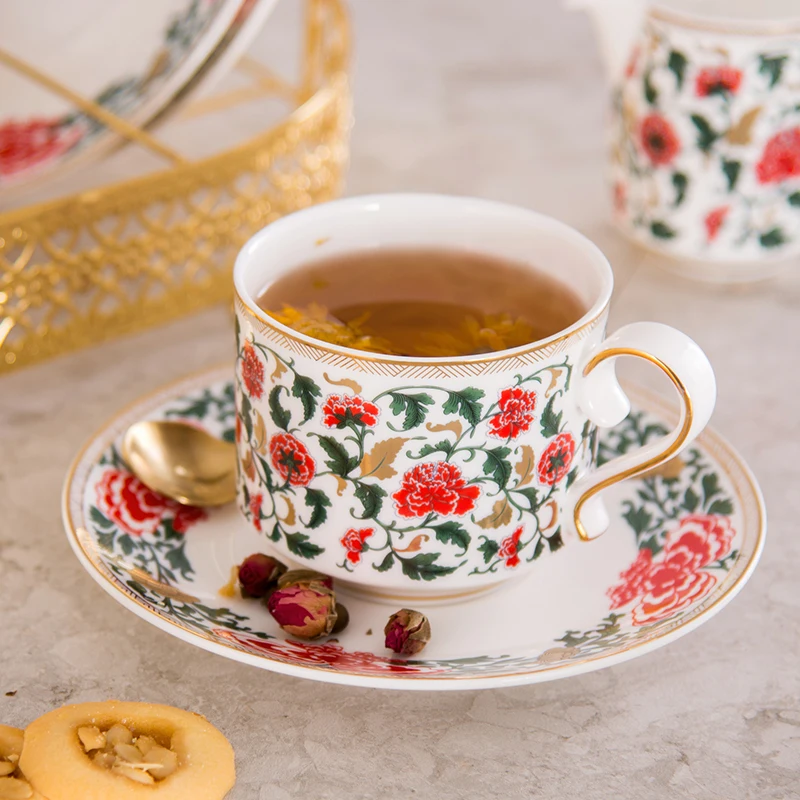Top 15 pcs bone china Coffee Tea Set  flower designs tea Cup and Saucer Set 1 pot  1 creamer 1 sugar pot 6 cups  6 saucers 2