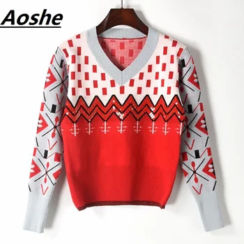 

Sweater Women 2018 New Winter Jumpers V-neck Long sleeve Wave Sequins Color Block Crop Knit Pullover Knitwear