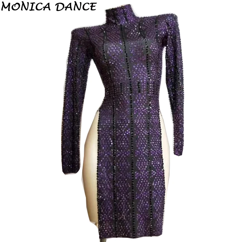 

Соблазнительное сценическое платье стразы, женское вечернее праздничное роскошное фиолетовое черное платье с длинным рукавом, платье для выпускного вечера, дня рождения, празднования