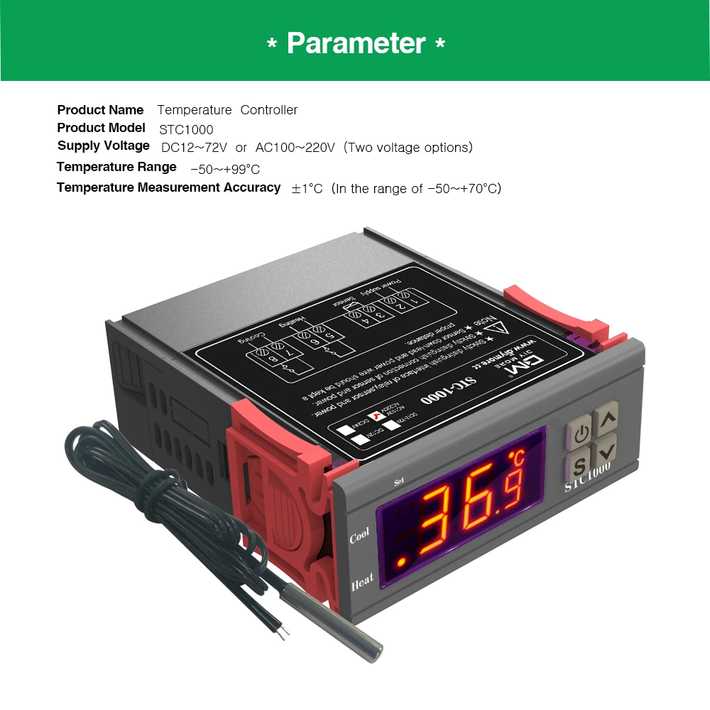 Accurate Measurement Digital Screen High Accuracy Temperature Controller with Reverse Connection Protection with Stable Performance for Heating Cooling AC110~220V 