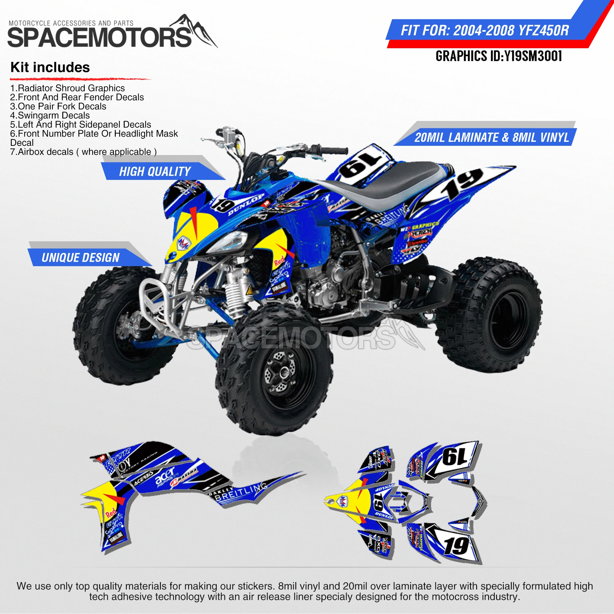 

MotoSpace Customized Team Graphics Backgrounds Decals 3M Custom Stickers For YAMAHA ATV Quad YFZ450R 2004 2005 2006 To 2008 001