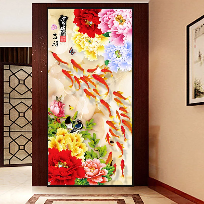 

DIY Full Diamond Embroidery Chinese Design Nine Fishes Flower Diamond Mosaic Pattern For Living Room Home Entrance Decoration
