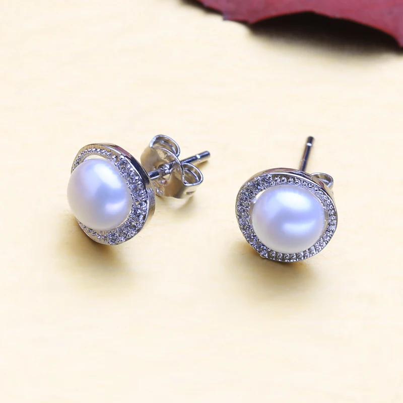 FENASY 925 Sterling Silver Stud Earrings Natural Freshwater Pearl Earrings For Women Classic Simple Round Design Earrings