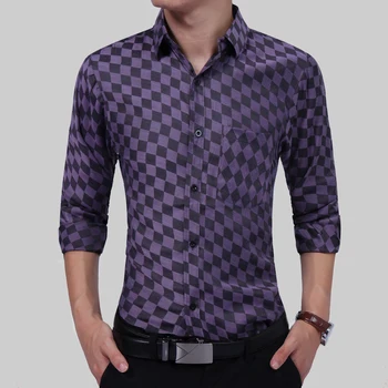 

Brand 2018 Fashion Male Shirt Long-Sleeves High Quality Diamond Plaid Mens Dress Shirts Slim Men Shirt XXL