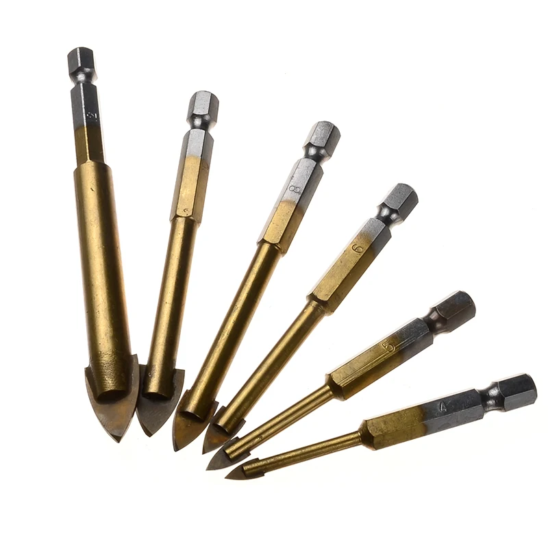 6PCS Golden Hexagon Handle Glass Bit Titanium Coated Drilling Round