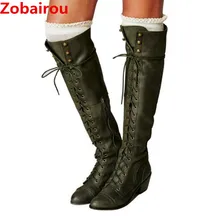 Zobairou bota feminina/Высокие Сапоги выше колена; зимняя женская обувь; женские замшевые сапоги в ковбойском стиле на шнуровке; Цвет Черный