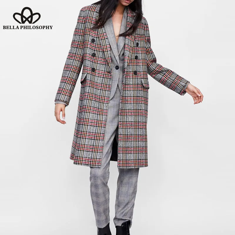 Wonder 2018 new autumn Double Breasted Long Coat Vintage Casual Long Sleeve Female Plaid Coat New Fashion Lady Street Outwears