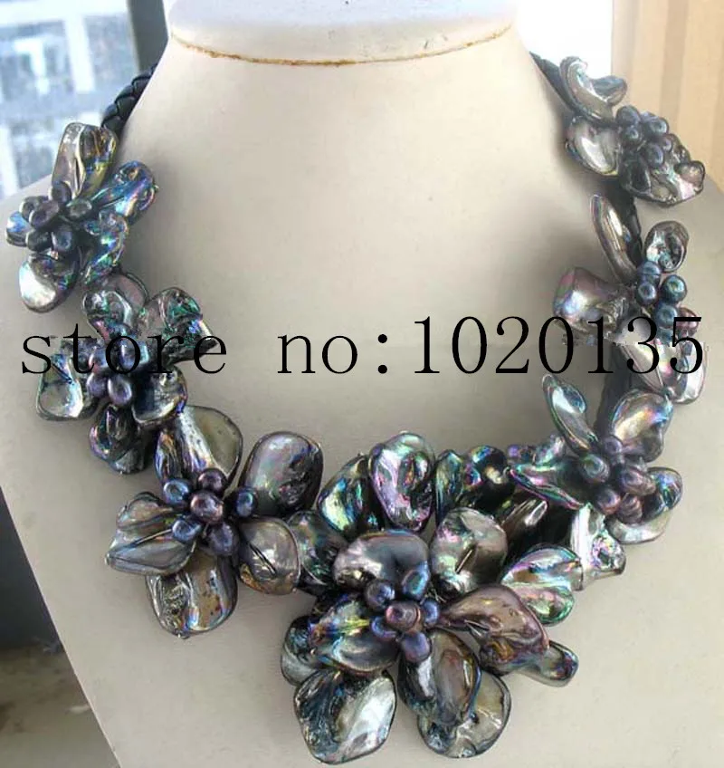 necklace По нижнему краю; высший класс! Пресноводный жемчуг черный рис и ракушка цветок ожерелье 18 дюймов природа FPPJ 7 шт. ручной работы - Окраска металла: necklace
