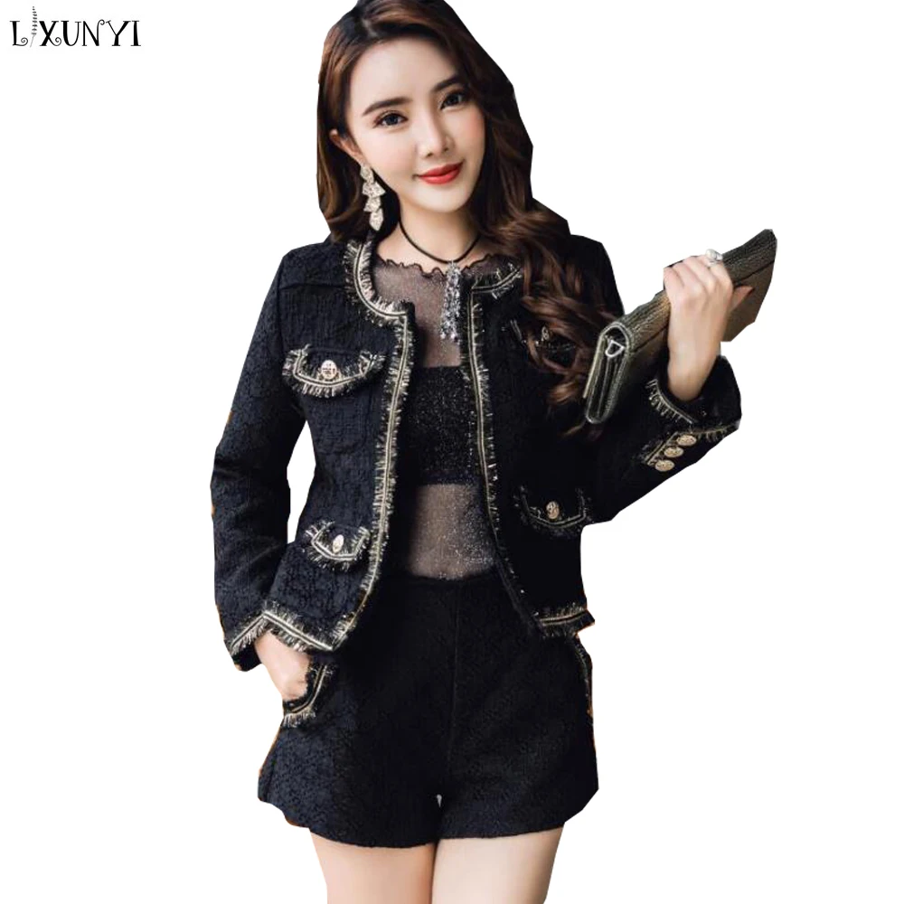 Piste Blazer Bouton Shorts Pièces Mode Pièce Noir Lxunyi Femmes Veste Tweed Costume Ensemble Patchwork Hiver Automne De 2 Deux wxf6H