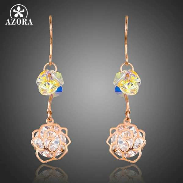 

AZORA Rose Gold Color Colorful Stellux Austrian Crystal Dangle with Flower CZ Drop Hook Earrings for Women TE0216