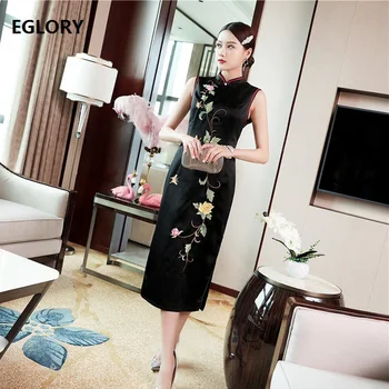 

Top Quality New 2019 Summer Fashion Party Vintage Qipao Dress Women Exquisite Embroidery Sleeveless Midi Bodycon Dress 50s 60s