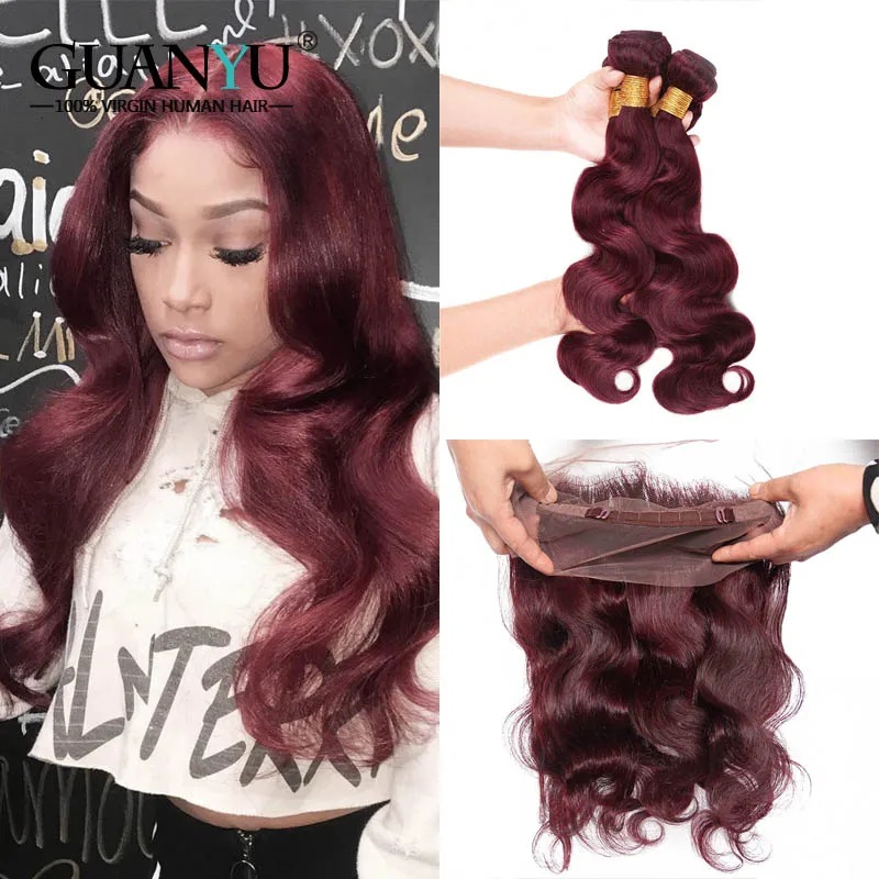 

Guanyuhair #99J Burgundy Hair Weave 3 Bundles With 360 Lace Frontal Brazilian Body Wave Remy Red Human Hair Extensions