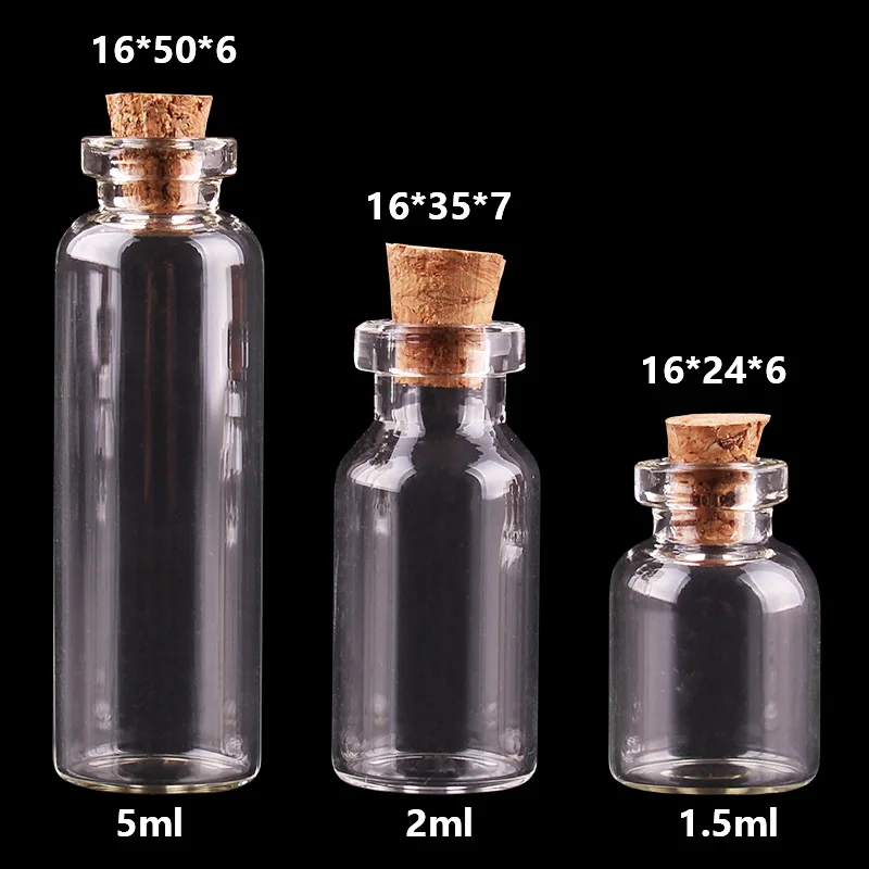 Glass bottles Diameter:16mm 1.5ml 2ml 5ml Cute mini glass bottles with cork stopper empty spice wish bottles jars vials