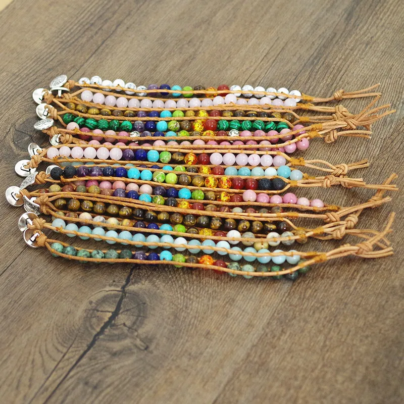 

7 Chakra Bracelet Jewelry Handmade Leather Natural Stone Strand Mala Yoga Charm Bracelet Boho Beach Women Wrap Bracelet Gift