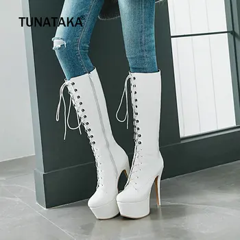 

Sexy Patent Leather Women Knee High Boots Winter Platform Extreme Stiletto High Heels Boots Zip Boots Lace-Up Woman Shoes 2019