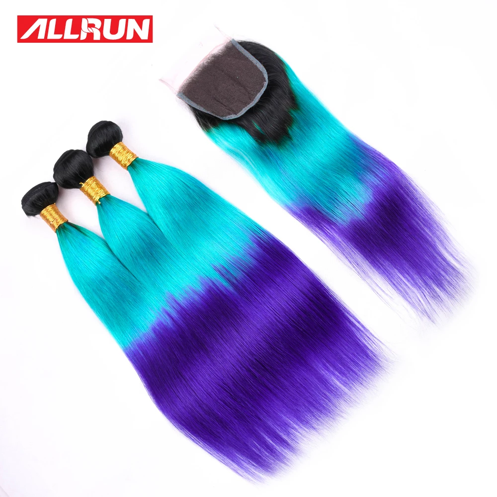 Allrun предварительно цветные бразильские прямые волосы с закрытием 4*4 Remy Ombre T1B/зеленый/фиолетовый человеческие волосы пучки с кружевом