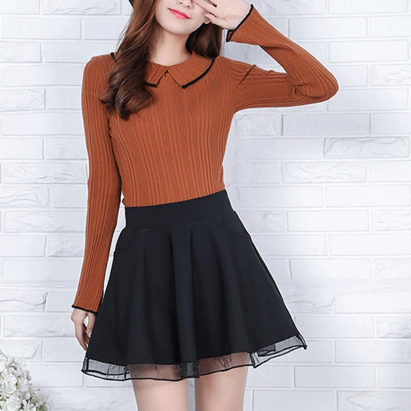 

Women's Sexy Mini Short Skirt High Waist Solid Color Pocket Design Lace Patchwork Pleated Skirt Winter Woman Vestido