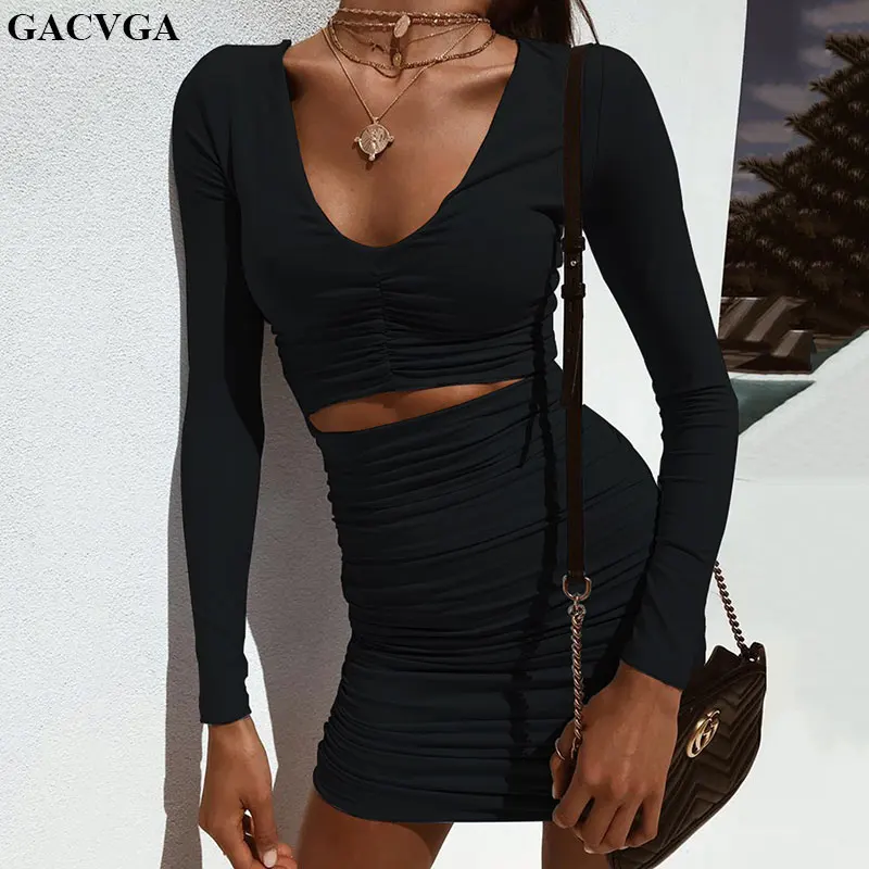 

GACVGA 2019 New Autumn Spring Women Pleated Long Sleeve Sexy Bodycon Dress Slim Fit Casual Dresses Club Mini Short Dress Outwear