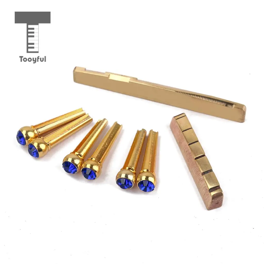 Tooyful Brass Slotted Saddle Nut with Blue Opal Bridge Pins Set for Acoustic Folk Guitar Replacement Parts