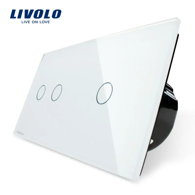 Сенсорный выключатель Livolo 2 клавиши левая + 1 клавиша правая белая панель из