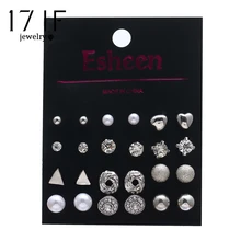 17IF 12 шт./компл. женский квадратный кристалл сердце шпилька Комплект сережек для женщин пирсинг Имитация серьги из жемчуга богемные ювелирные изделия