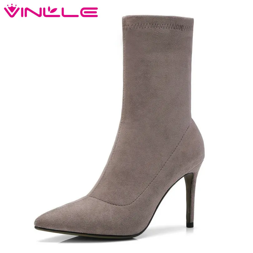 

VINLLE 2019 Shoes Woman Mid Calf Boots Thin High Heel Knitting+Leather Sock Boots Black Ladies Motorcycle Boots Size 34-39