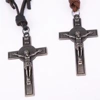 NIUYITID Collare INRI Crucifix Men Jesus Cross Pendant Necklace Women Best Genuine Leather Jewelry Religious Drop Ship