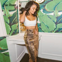 Новинка, Женская Золотая кожаная юбка длиной до колена с декоративным поясом,, Vestidos