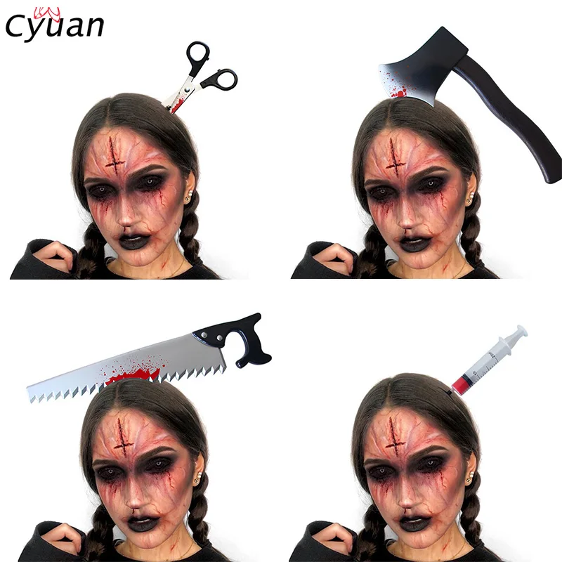 

Cyuan Halloween Decoration Horror axe Saw Scissor Needle Headband Props Fake Prank Cosplay Props for Happy Halloween Party Decor