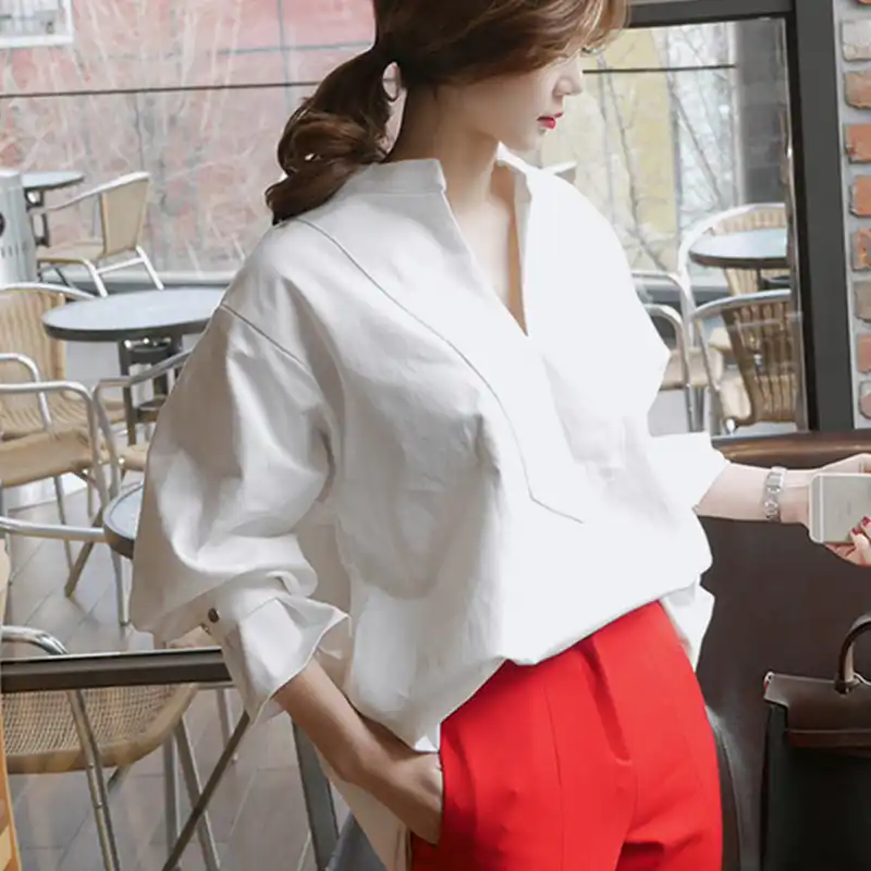 New Spring Women V Neck Shirts Butterfly Loose Western Open Blouse White Pink Puff Long Sleeve Female Bf Stand Collar Shirts Collar Shirt Women V Neck Shirtsv Neck Shirt Aliexpress