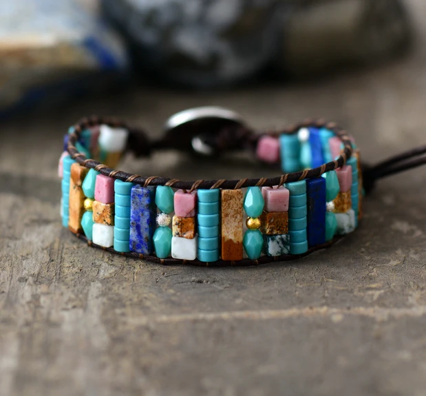 

Boho Bracelet Natural Beads Single Leather Wrap Bracelet Semi Precious Stones Beaded Cuff Bracelet Boho Jewelry Dropshpip