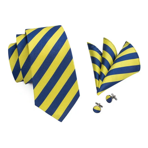 SN-1490 Hi-Tie новые классические шелковые галстуки желтый синий полосатый шейный галстук, носовой платок, Запонки Набор для мужской деловой