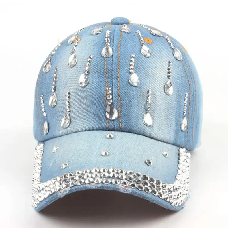 

Brand New Denim Hats Fashion Leisure Hot Sale Woman Cap With Water Drop Rhinestones Vintage Jean Cotton Baseball Caps For Men
