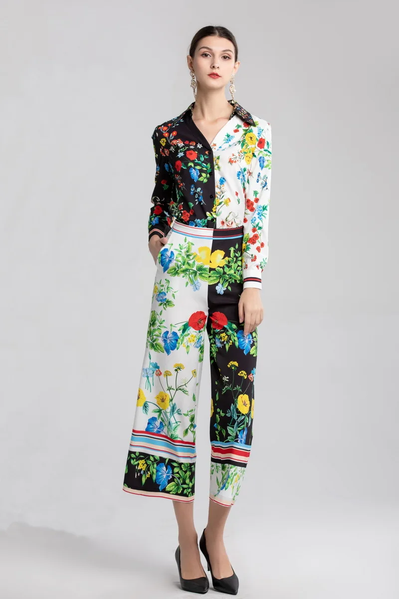 

Chic women floral print Shirts+wide leg pants two pice set 2019 Sping blouses pantsuits D861