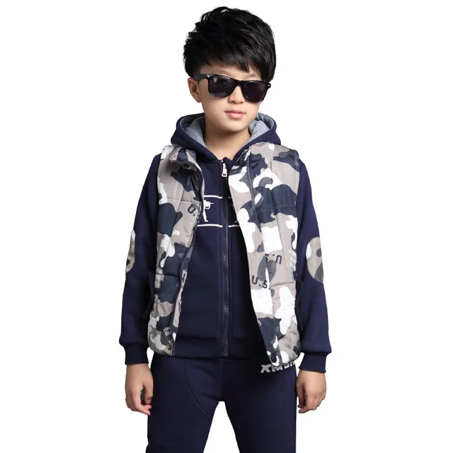 Cheap 2016 children's clothing style suits winter sports fleece fashion cotton boy with thick camouflage vest three-piece suit Sets