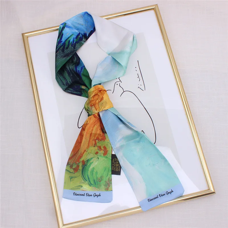  Van Gogh Oil Painting Twill Silk Scarf Women Neckerchief Skinny Scarf Bag Ribbons Female Neck Tie H - 33013780245