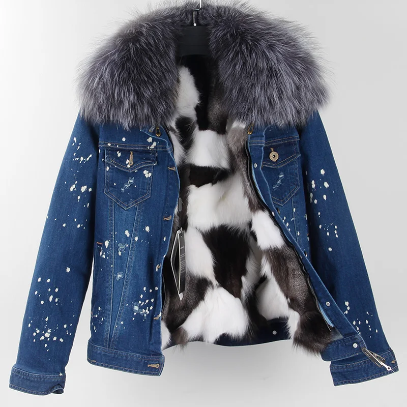 MAOMAOKONG 2017 джинсовая куртка с натуральным лисьим мехом Parkas100 % большой воротник из