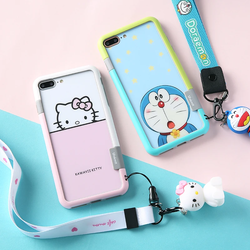 

For iphone 8 8plus Front & back Tempered Glass flim + soft bumper for iPhone 7 7plus 6 6S 6sPlus Doraemon +toy+strap