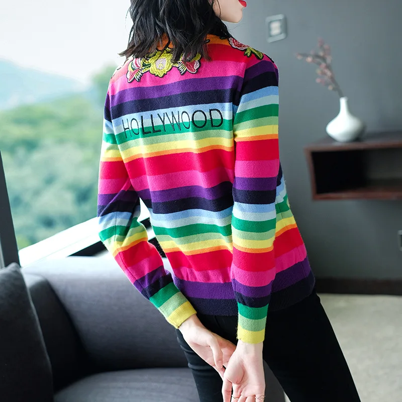 Tiger head embroidery striped elastic knit sweater 2018 new women autumn winter pullovers sweater