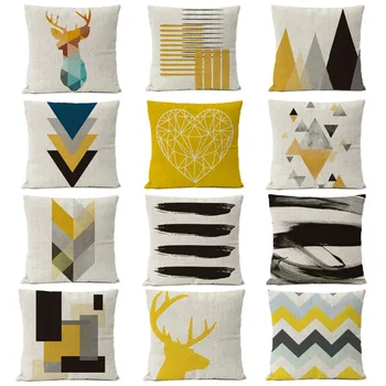 

Nordic Yellow Black Geometric Pillow Cover Deer Bird Cushion Cover Home Decorative Throw Pillows Linen Pillow Case sofa pillow