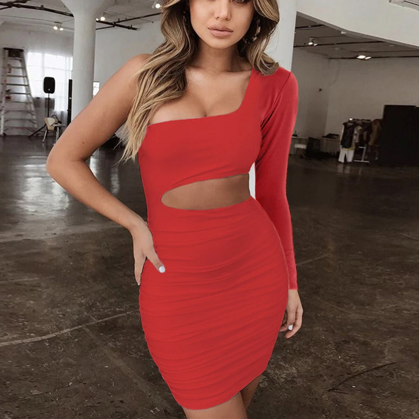 Forefair Long Sleeve One Shoulder Bodycon Dress Nightclub Autumn Winter Women Slim Backless Mini Sexy Party Dress