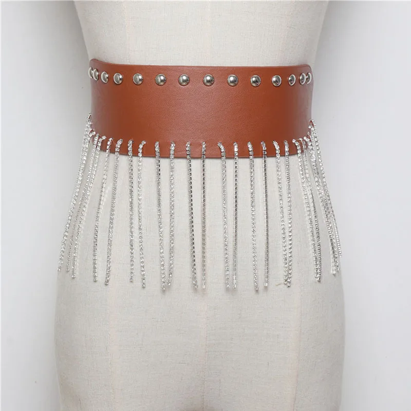 Rivet Long Rhinstone Tassel Punk Style Women Wide Belt Hip Hop Ladies