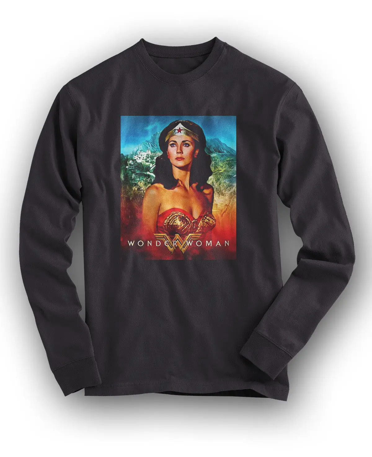 WONDER WOMAN LYNDA CARTER Classic 80 &amp #039 s супер герой мужчины черная футболка Sz S-3XL | Мужская