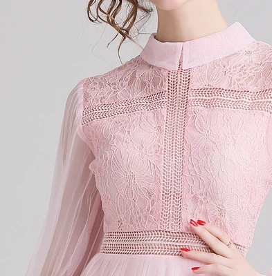 Fashion Sweet Girls Pink Lace Mesh Patchwork Pleated Dresses Women s Flare Sleeve Hollow Out Princess Party Dress Fashion Sweet Girls Pink Lace Mesh Patchwork Pleated Dresses Women s Flare Sleeve Hollow Out Princess Party Dress