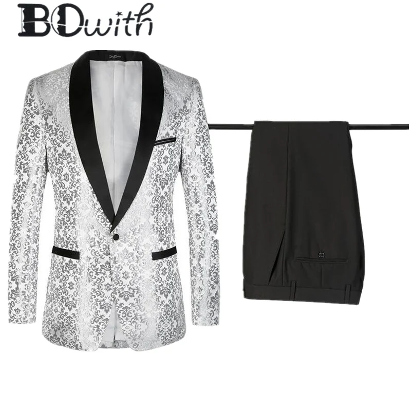 

Embroidered Silver Wedding Men Suit Shawl Collar Slim Fit 2 Pieces Jacket+Pants For Wedding Groom Tuxedos Formal Suits