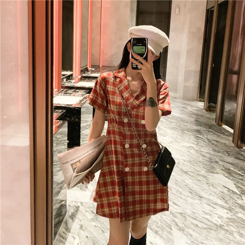 

New Instagram French Romance Vintage Plaid Dress Women Summer 2019 Temperament Waist Double Buckle Short Dresses Female