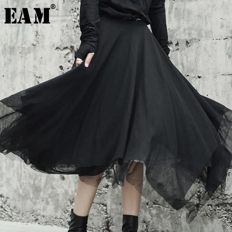 

[EAM] High Quality 2019 Spring Black Multi-layer Asymmetric Length Loose Casual Mesh Skirt Wild Fashion New Women's LA927